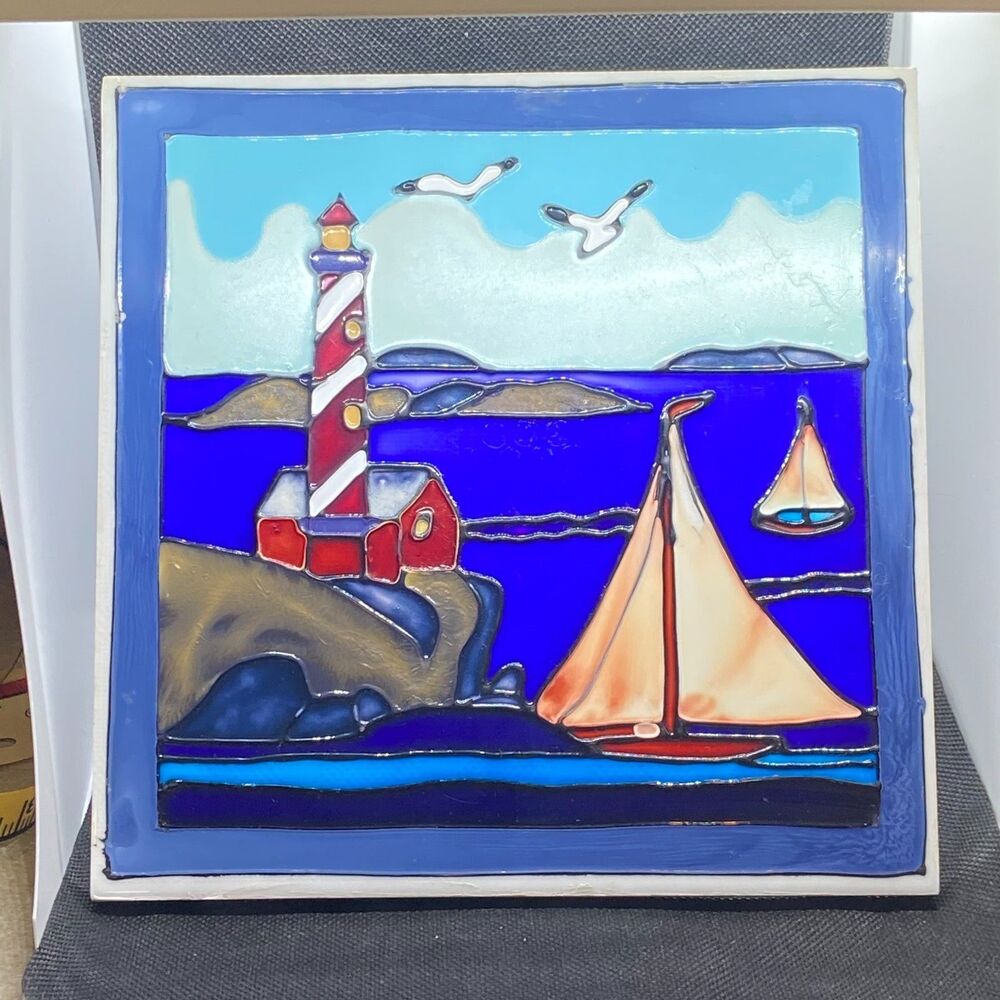 CLEARANCE Vintage decorative tile lighthouse sailboats